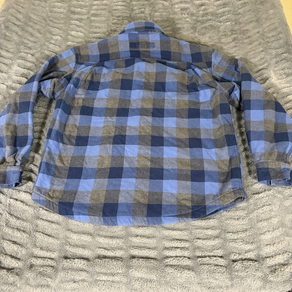 Duluth Trading Co Mens Large Fleece Lined Flannel Shirt Jacket Blue Plaid Cotton